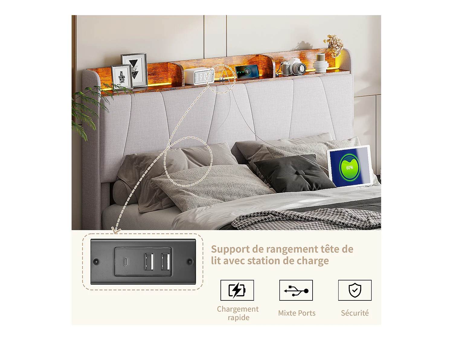 140x200 Stauraumbett mit USB und Typ C, Polsterbett mit Lattenrost, LED Doppelbett, Beige