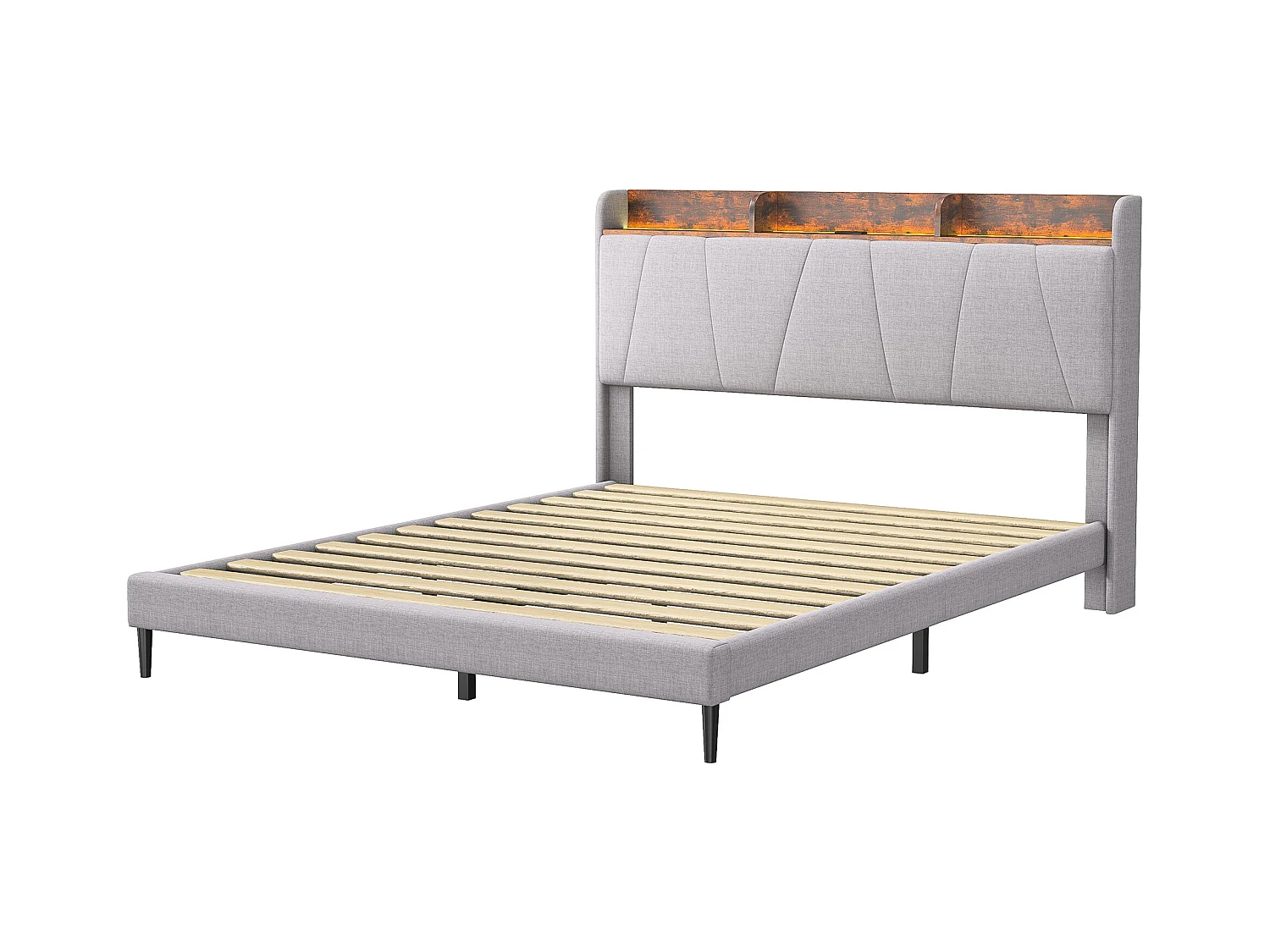 Letto contenitore 140x200 con USB e Type C, letto imbottito con rete a doghe, letto matrimoniale LED, beige