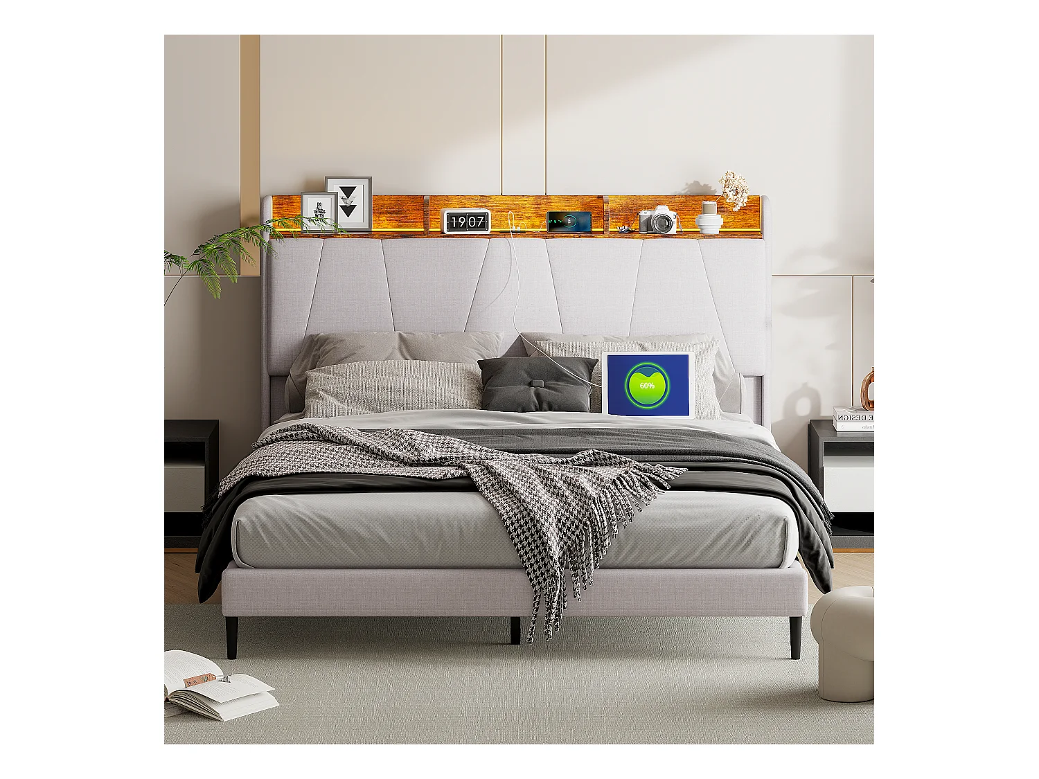 Letto contenitore 140x200 con USB e Type C, letto imbottito con rete a doghe, letto matrimoniale LED, beige