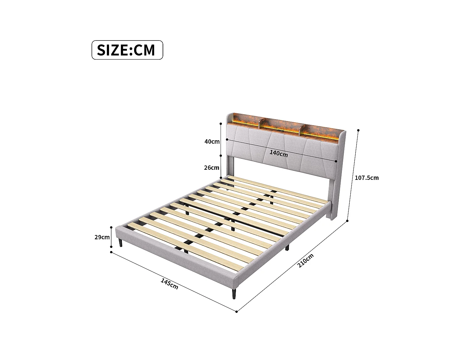 Letto contenitore 140x200 con USB e Type C, letto imbottito con rete a doghe, letto matrimoniale LED, beige