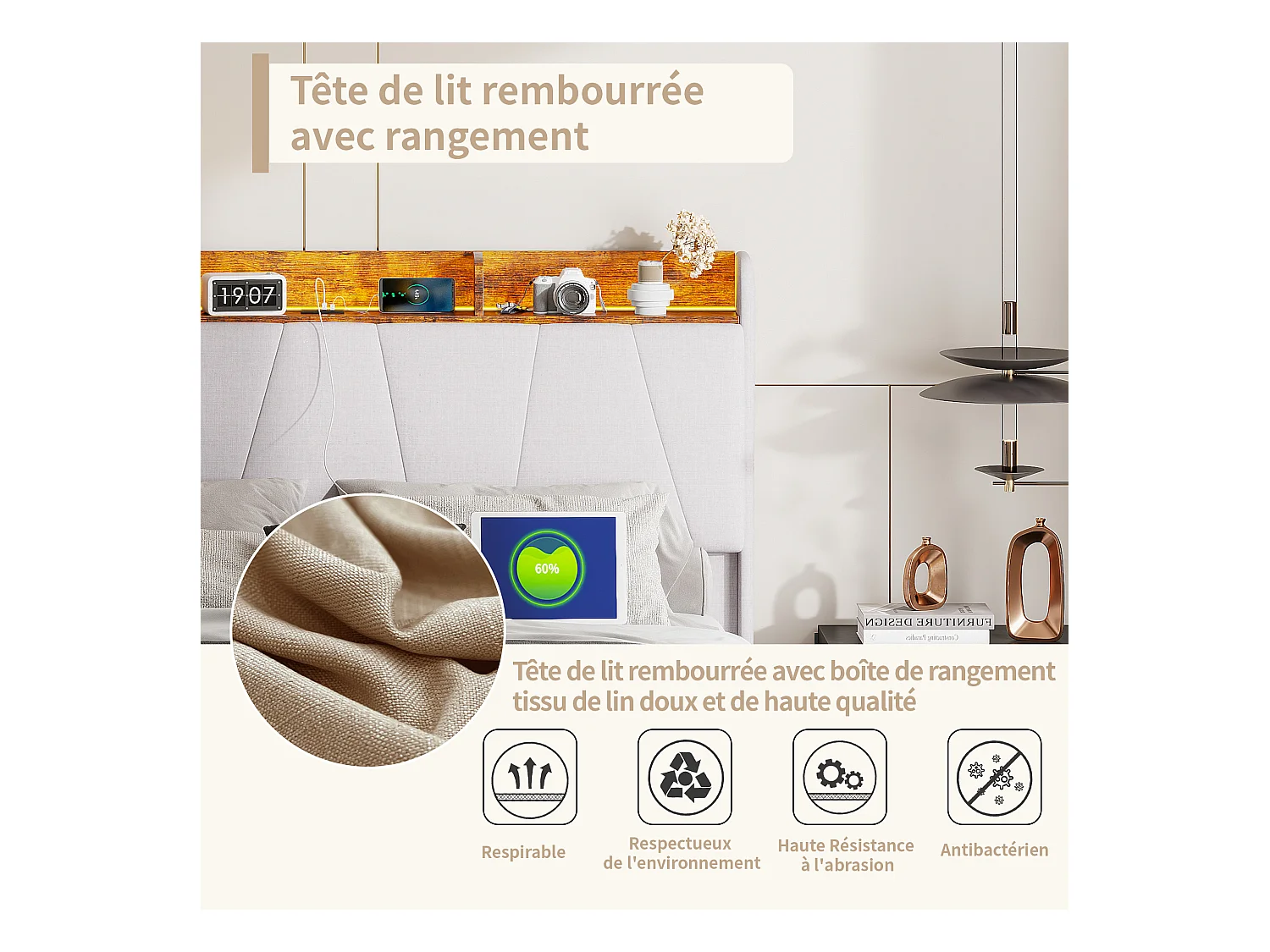 Letto contenitore 140x200 con USB e Type C, letto imbottito con rete a doghe, letto matrimoniale LED, beige