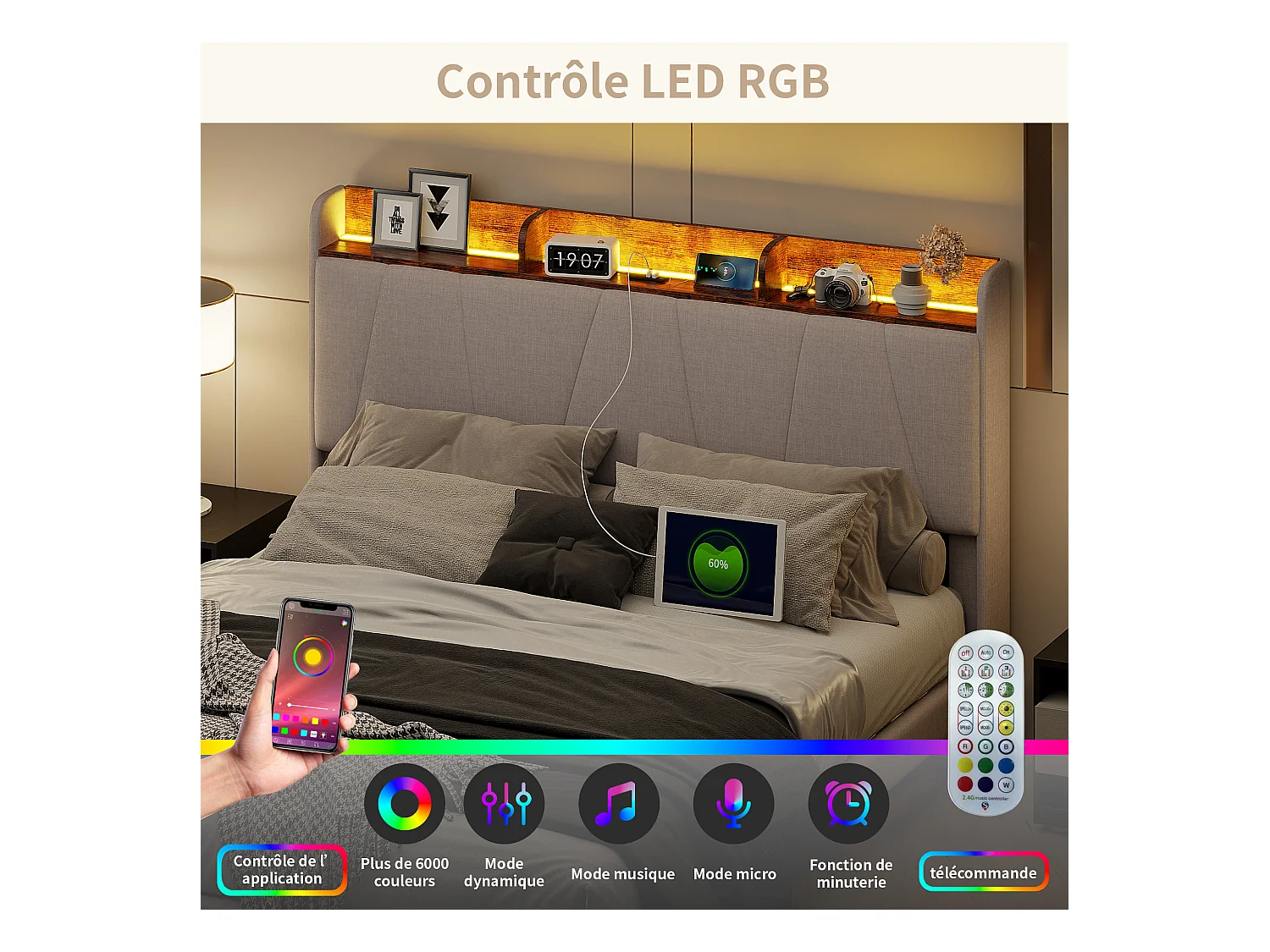 Letto contenitore 140x200 con USB e Type C, letto imbottito con rete a doghe, letto matrimoniale LED, beige