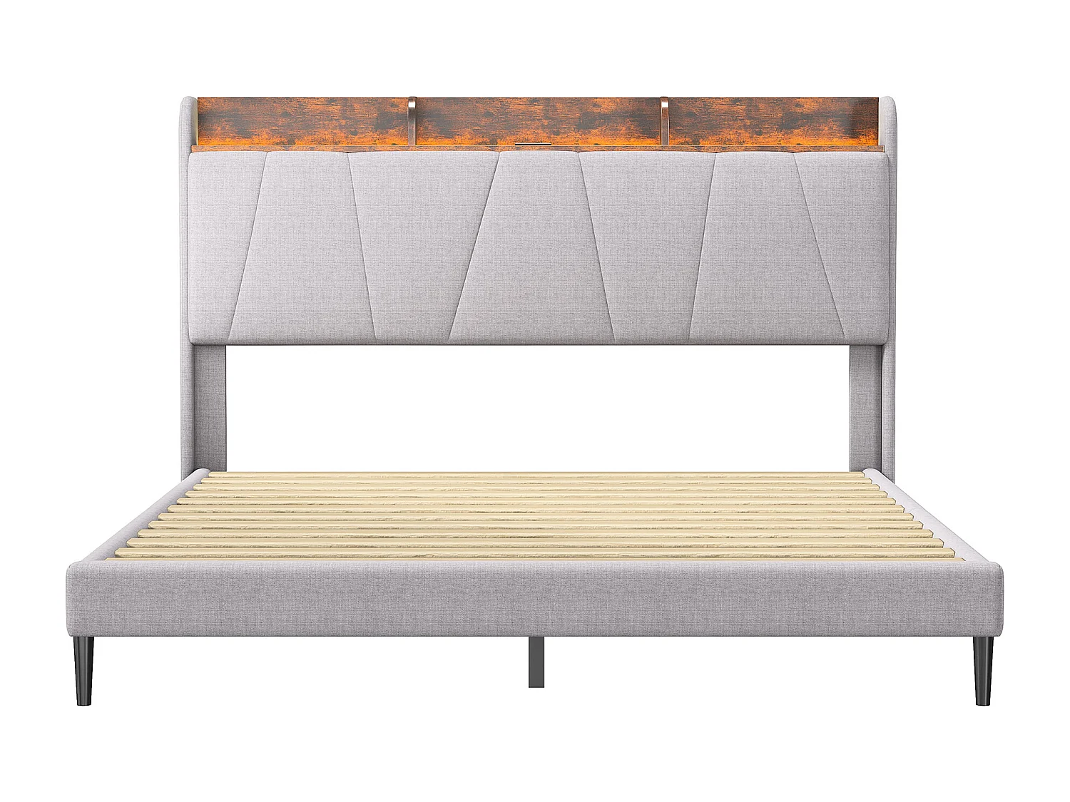 Letto contenitore 140x200 con USB e Type C, letto imbottito con rete a doghe, letto matrimoniale LED, beige