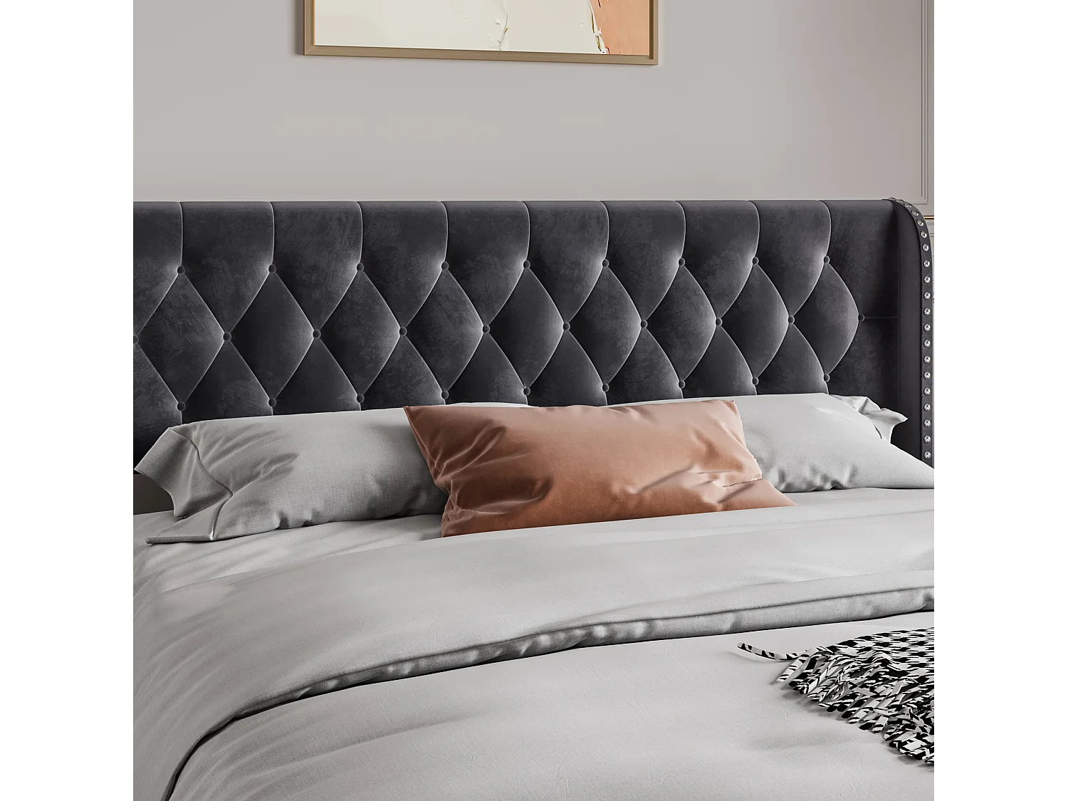 Samtgepolstertes Bett mit Stauraum – Mit Nieten verziert – Mit Lattenrost – 140 x 200 cm – Grau