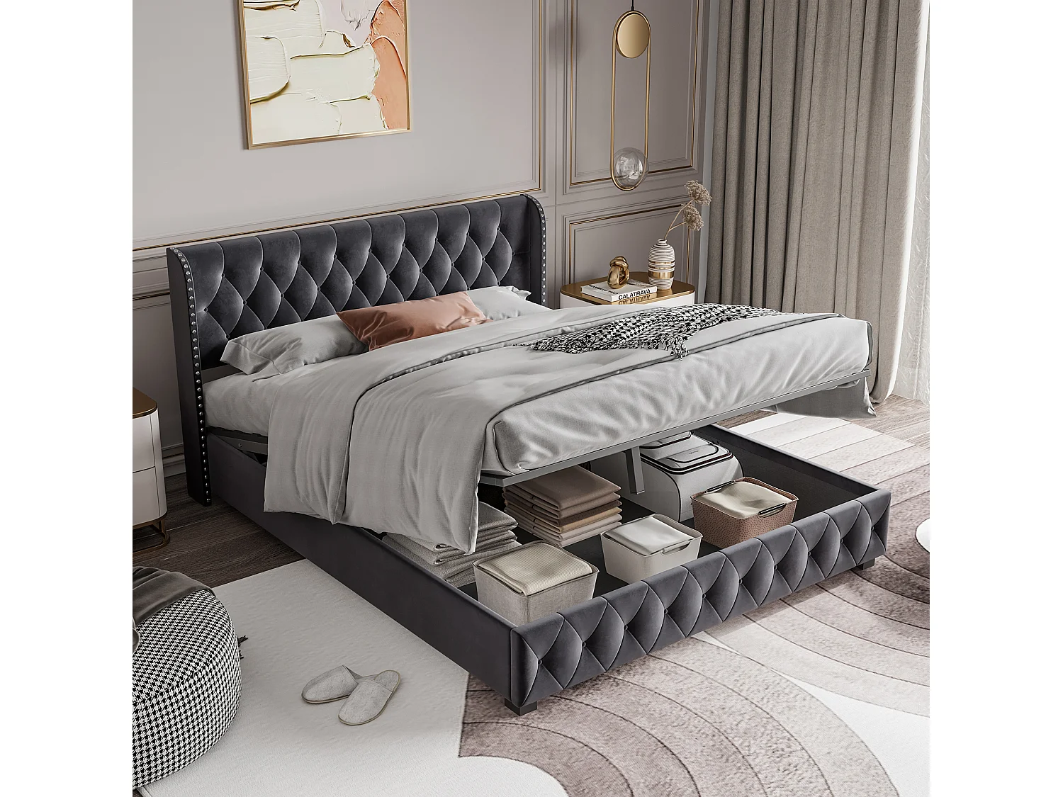 Samtgepolstertes Bett mit Stauraum – Mit Nieten verziert – Mit Lattenrost – 160 x 200 cm – Grau