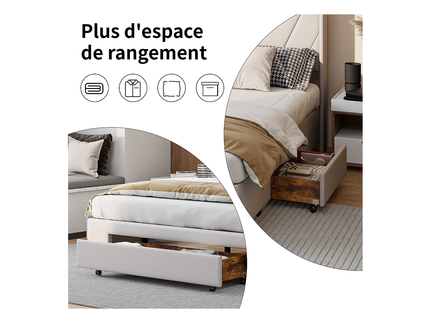 Lit Coffre 160x200 Avec 3 Tiroirs, Lit Capitonné Avec Sommier à Lattes, Lit Double, Beige