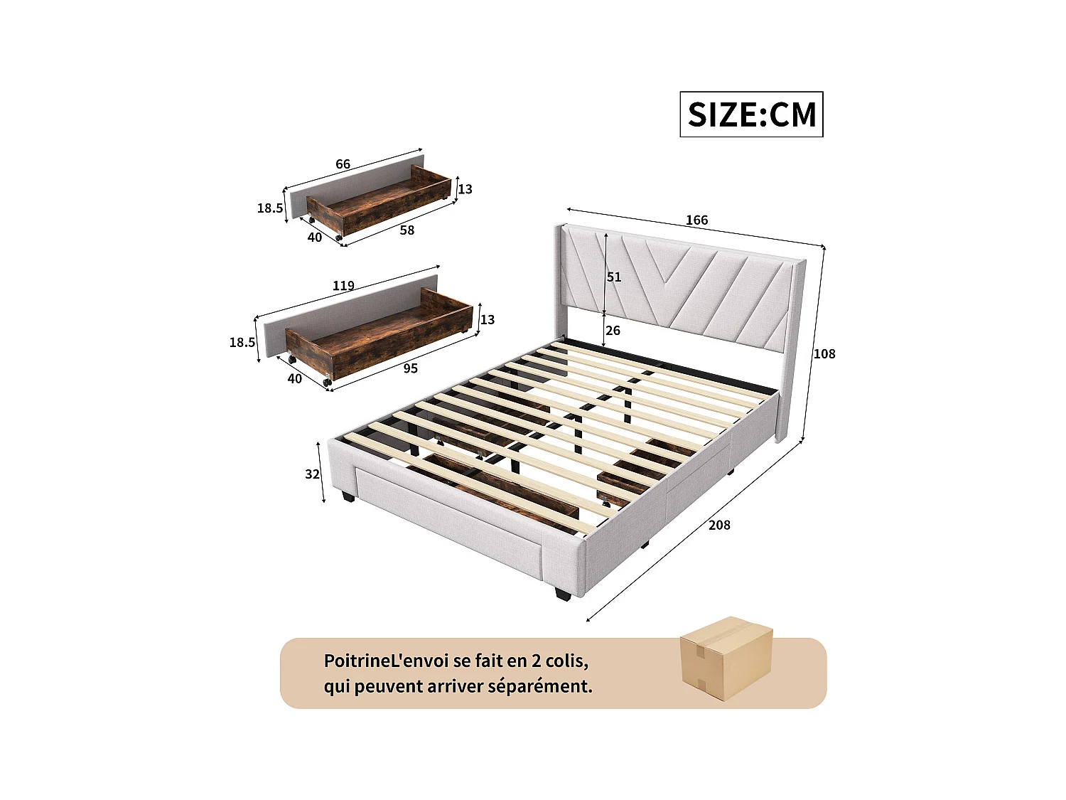 Lit Coffre 160x200 Avec 3 Tiroirs, Lit Capitonné Avec Sommier à Lattes, Lit Double, Beige