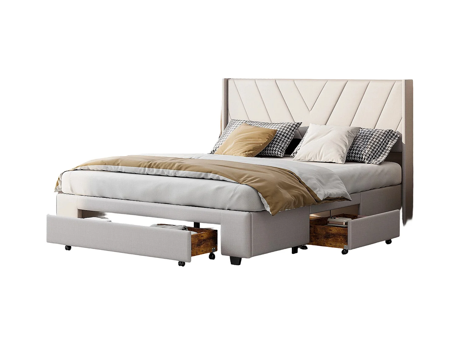 Lit Coffre 160x200 Avec 3 Tiroirs, Lit Capitonné Avec Sommier à Lattes, Lit Double, Beige