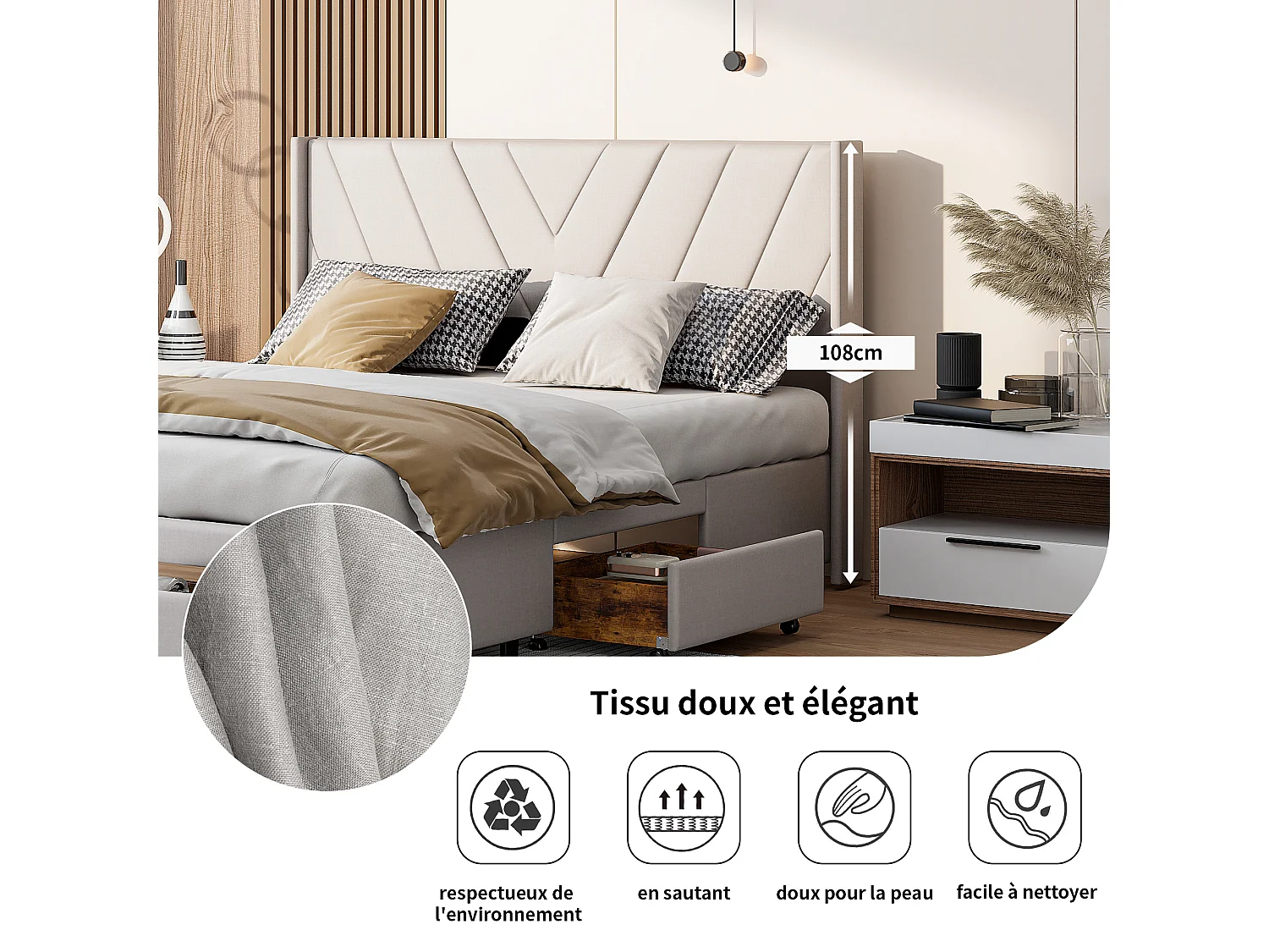 Lit Coffre 160x200 Avec 3 Tiroirs, Lit Capitonné Avec Sommier à Lattes, Lit Double, Beige