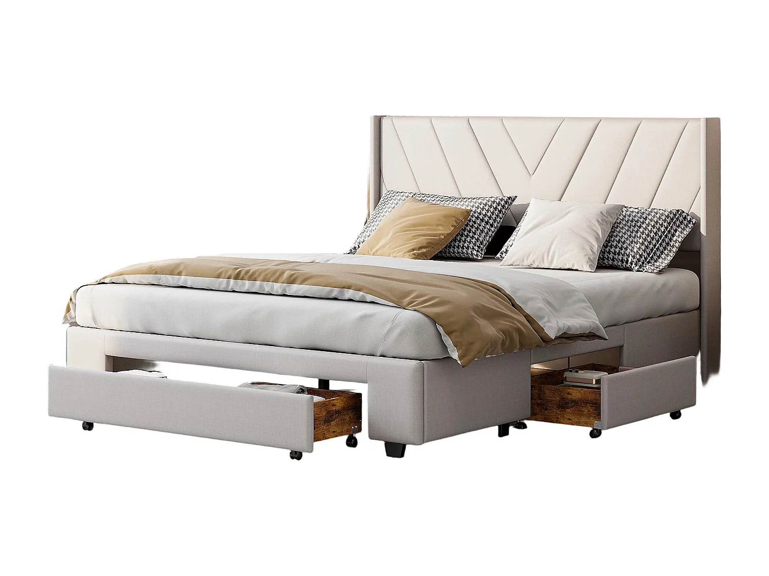 Lit Coffre 160x200 Avec 3 Tiroirs, Lit Capitonné Avec Sommier à Lattes, Lit Double, Beige
