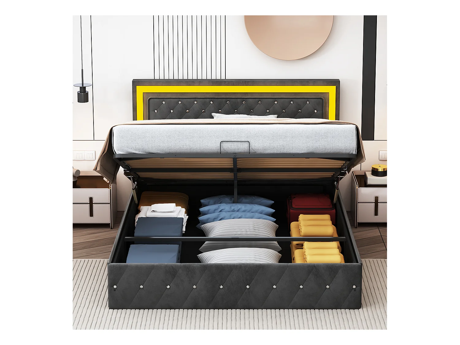 Cama de veludo com armazenamento 160x200 cm - Com LED e base de ripas - Cama de casal com armazenamento - Preto