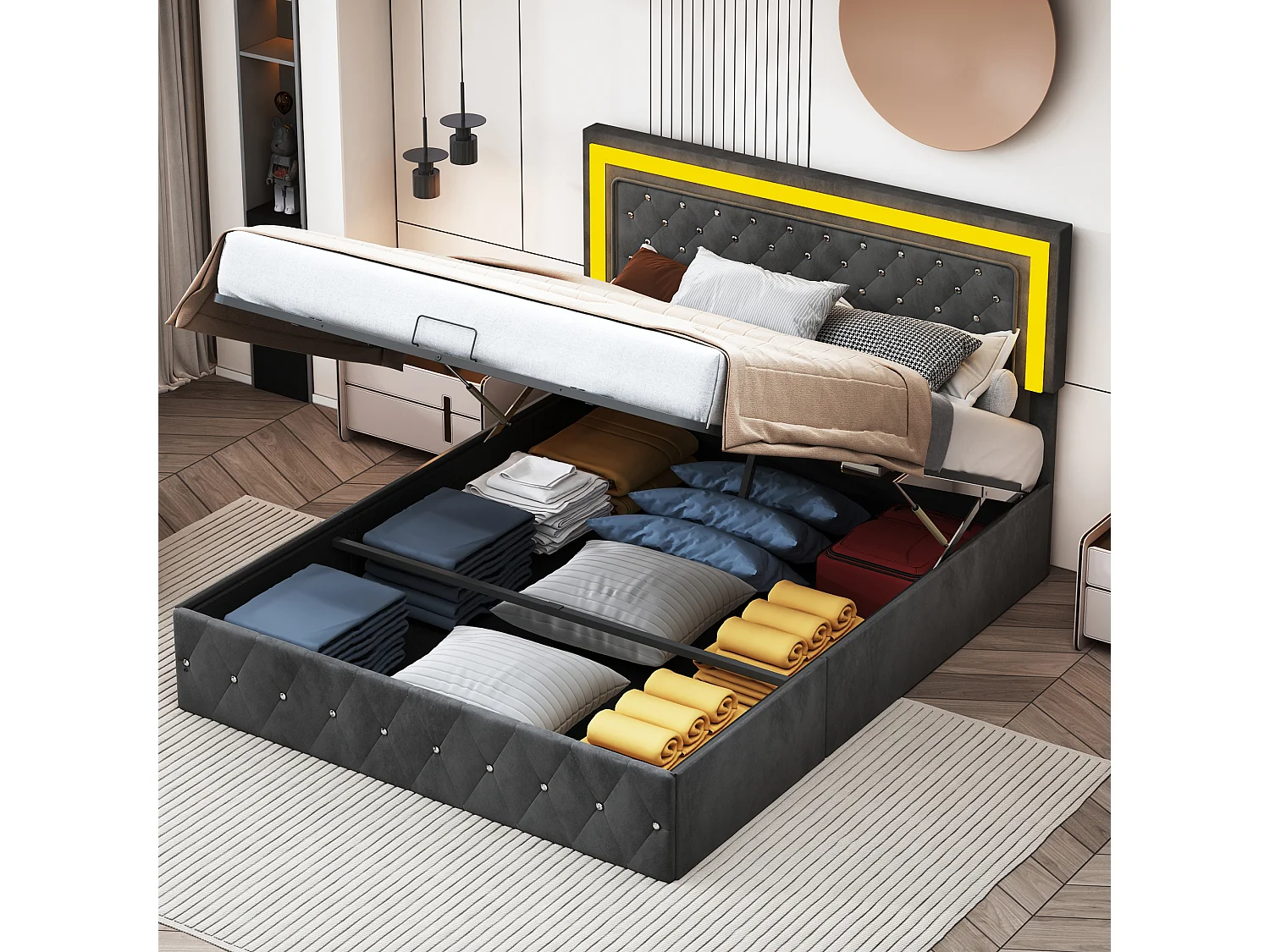 Lit Coffre 160x200 Cm En Velours - Avec LED Et Sommier à Lattes - Lit Double De Rangement - Noir