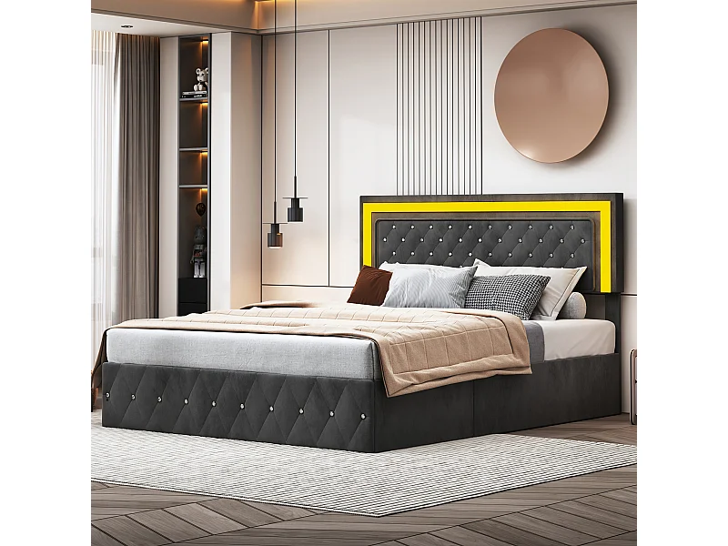 160x200 cm Samtbett mit Stauraum - Mit LED und Lattenrost - Doppelbett mit Stauraum - Schwarz