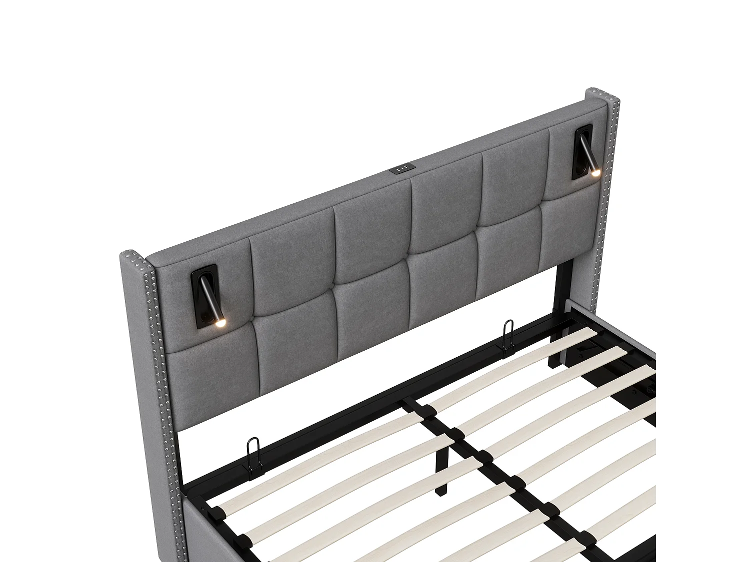 Cama con canapé abatible de 140 x 200 cm, tapizada, con puerto USB y tipo C, LED, terciopelo gris
