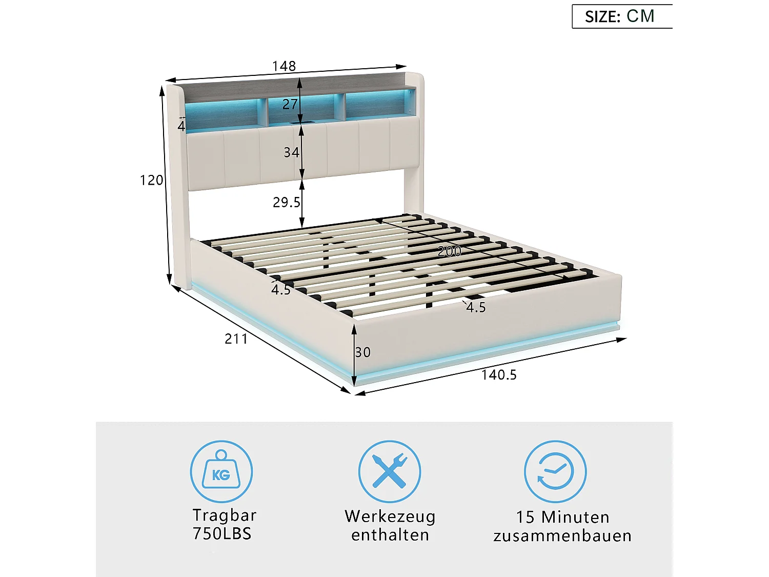 Cama 140x200 cm com iluminação LED, cama com arrumação e base de ripas, tomadas, USB e Tipo-C, veludo