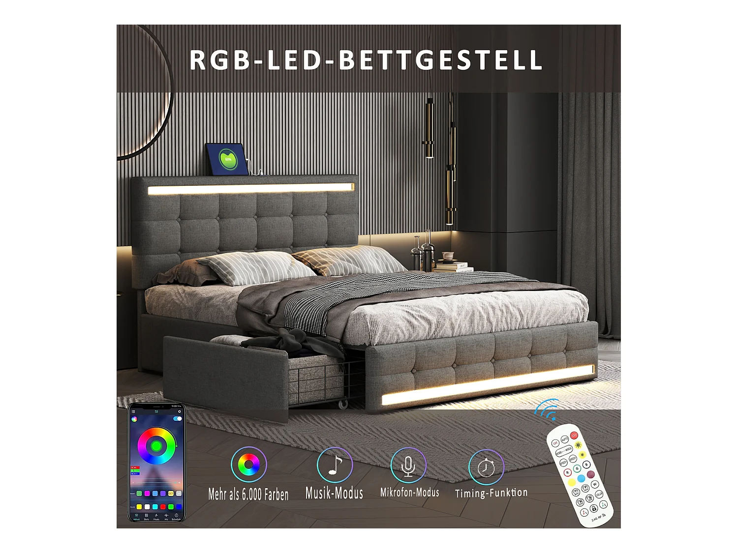 Lit Coffre 140x200 Avec LED Et USB, Lit Capitonné Avec 4 Tiroirs, Lit Double, Gris