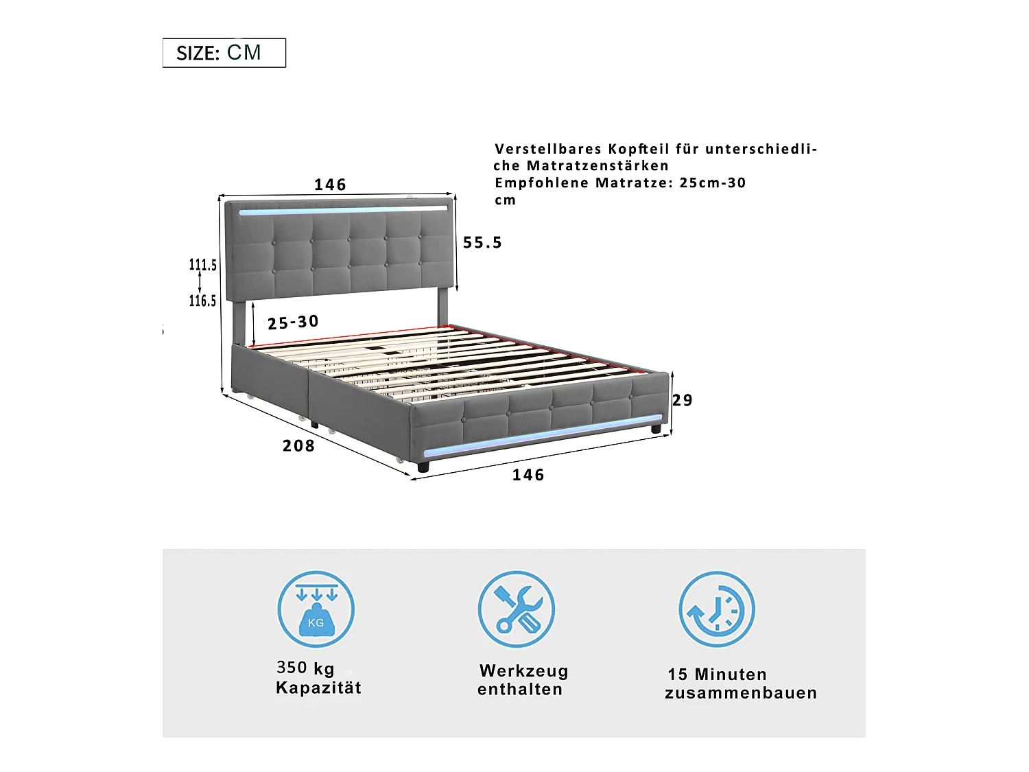 Lit Coffre 140x200 Avec LED Et USB, Lit Capitonné Avec 4 Tiroirs, Lit Double, Gris
