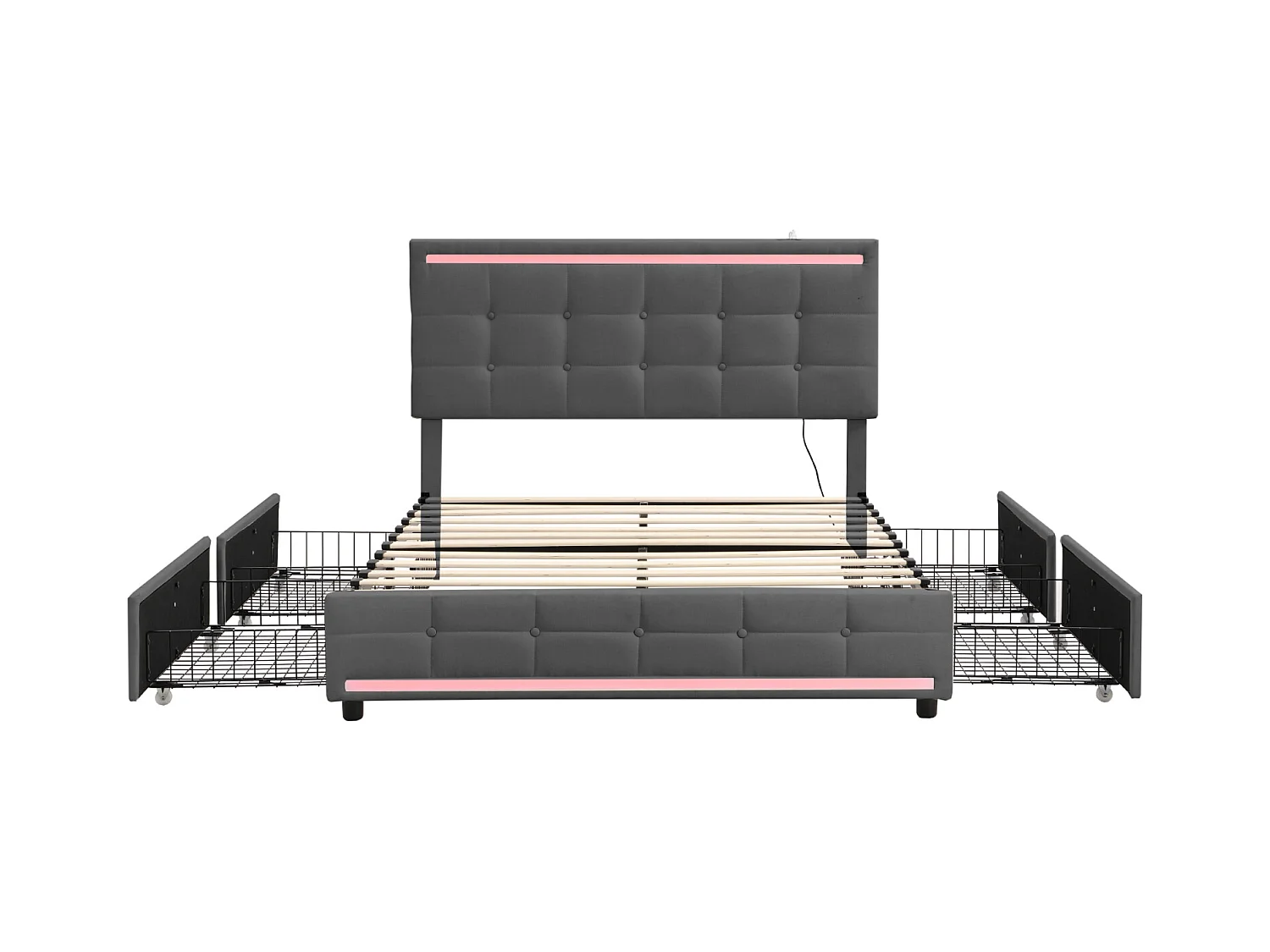 Lit Coffre 140x200 Avec LED Et USB, Lit Capitonné Avec 4 Tiroirs, Lit Double, Gris