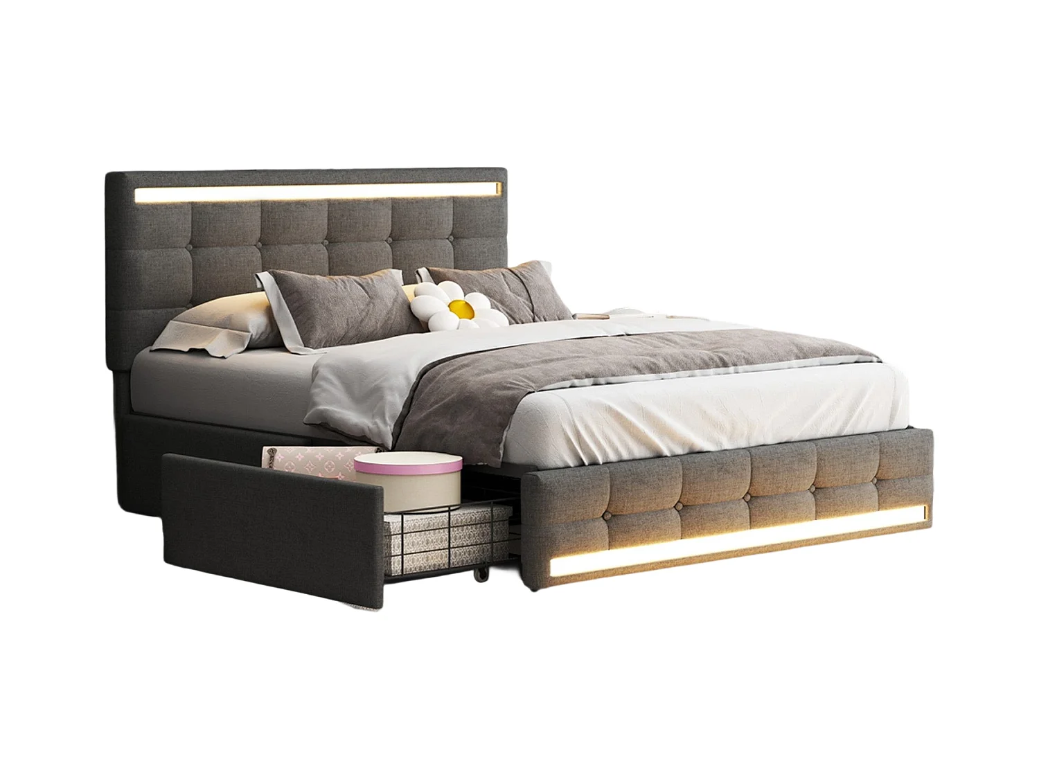 Lit Coffre 140x200 Avec LED Et USB, Lit Capitonné Avec 4 Tiroirs, Lit Double, Gris