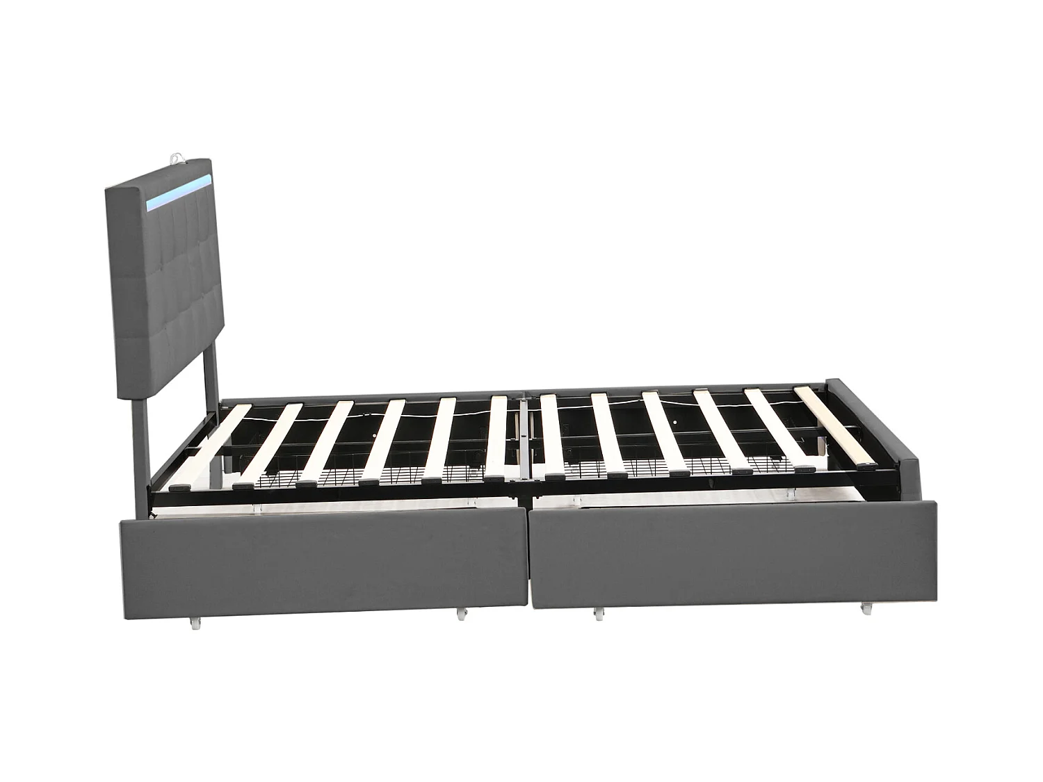 Lit Coffre 140x200 Avec LED Et USB, Lit Capitonné Avec 4 Tiroirs, Lit Double, Gris