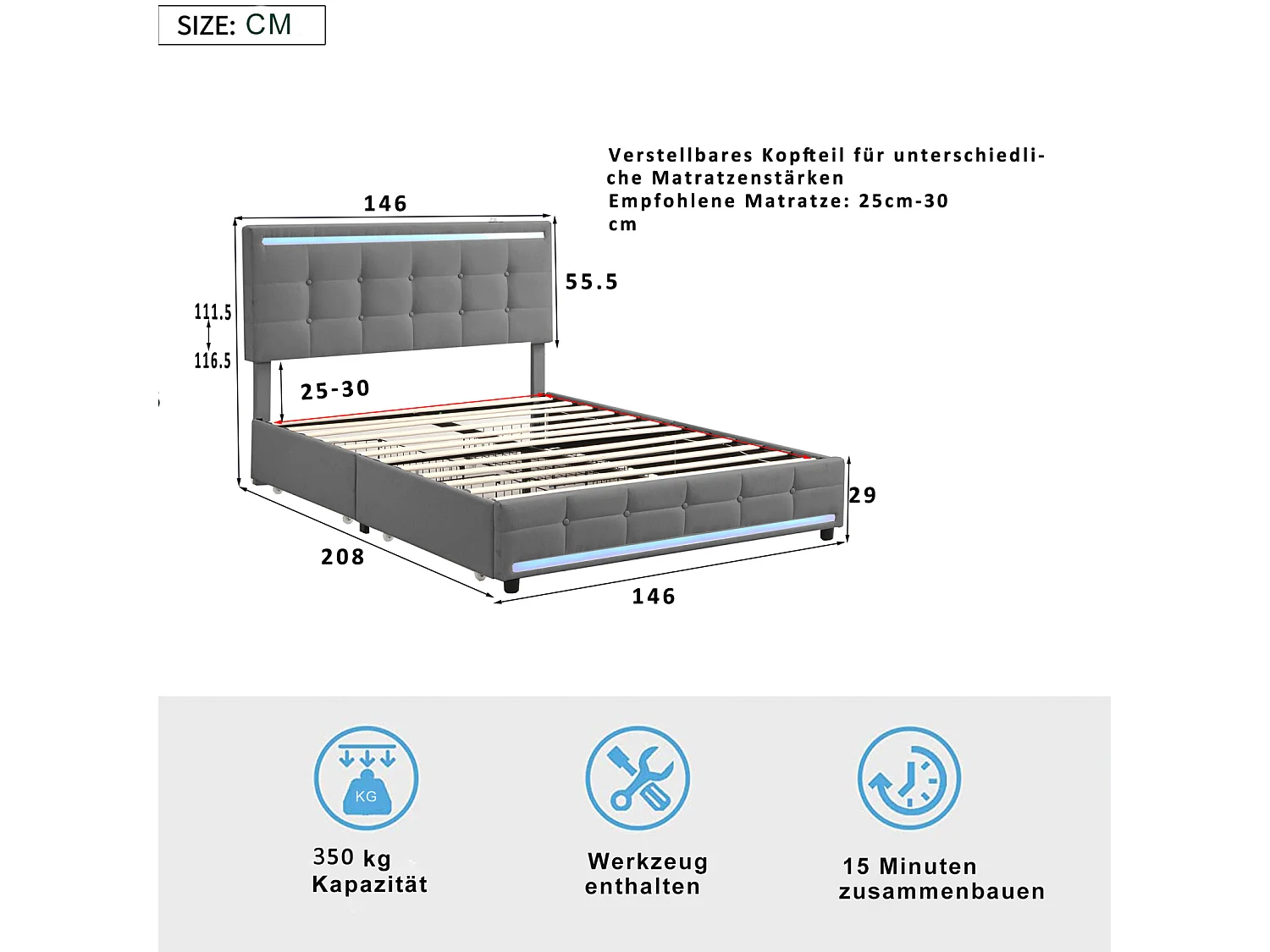 Cama de 140x200 cm con almacenaje, LED y USB, tapizada con 4 cajones, cama doble, gris