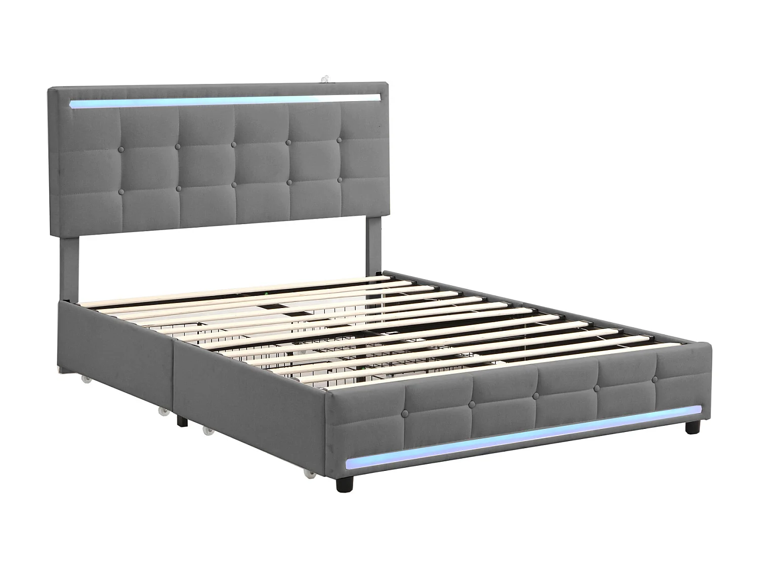 Cama de 140x200 cm con almacenaje, LED y USB, tapizada con 4 cajones, cama doble, gris