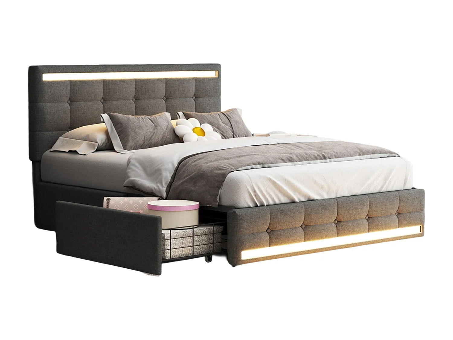 140x200 Stauraumbett mit LED und USB, Polsterbett mit 4 Schubladen, Doppelbett, Grau