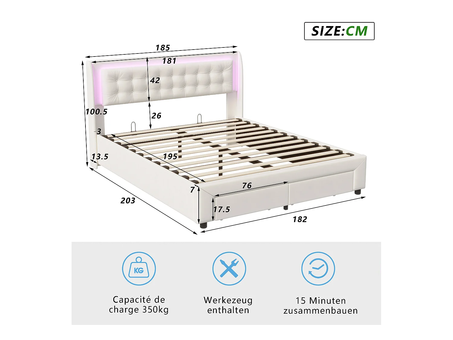 Lit Coffre 180x200cm, Lit Double Avec 2 Tiroirs De Rangement Et LED,Sommier à Lattes,Velours,Beige