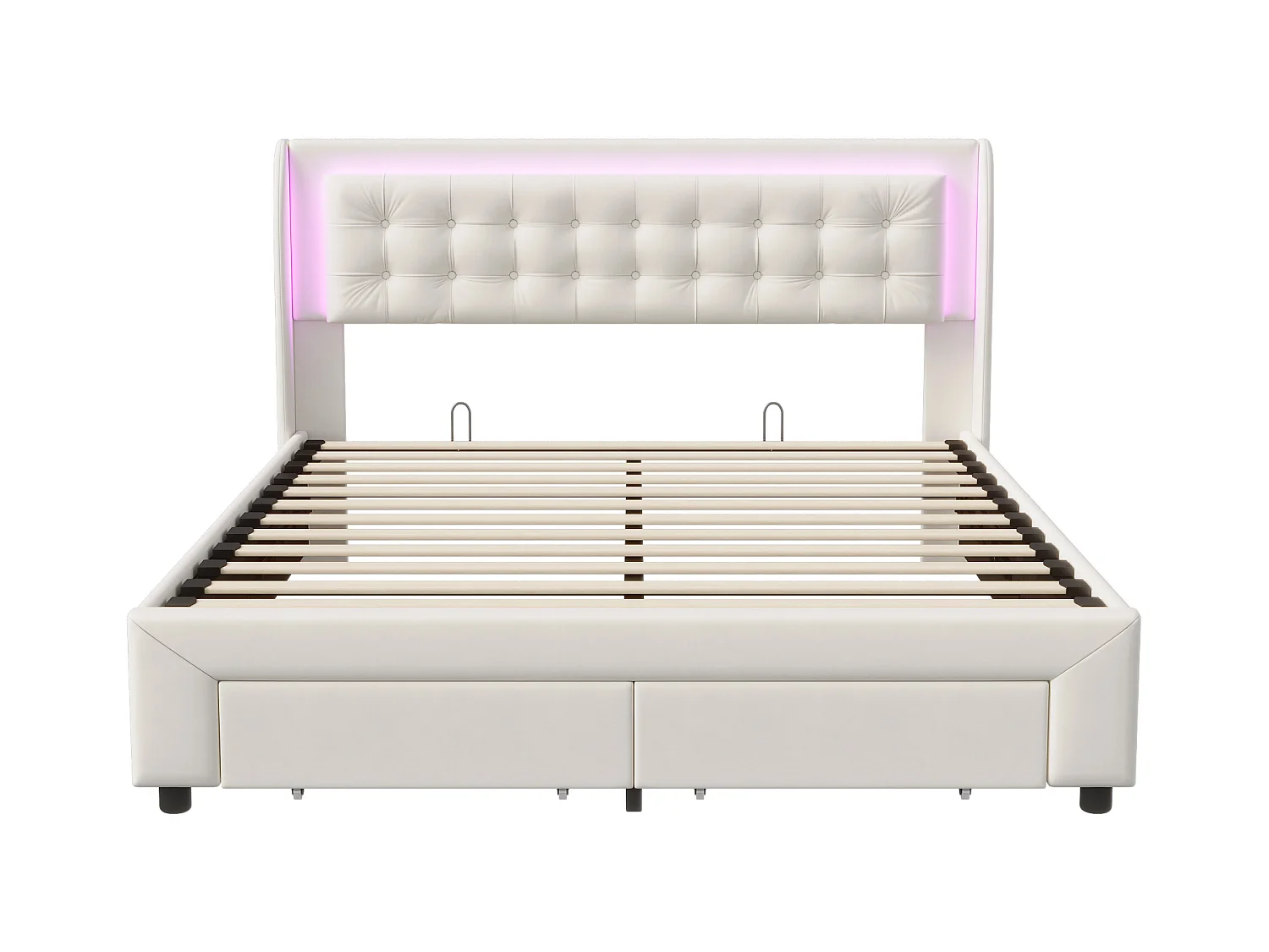 Lit Coffre 180x200cm, Lit Double Avec 2 Tiroirs De Rangement Et LED,Sommier à Lattes,Velours,Beige