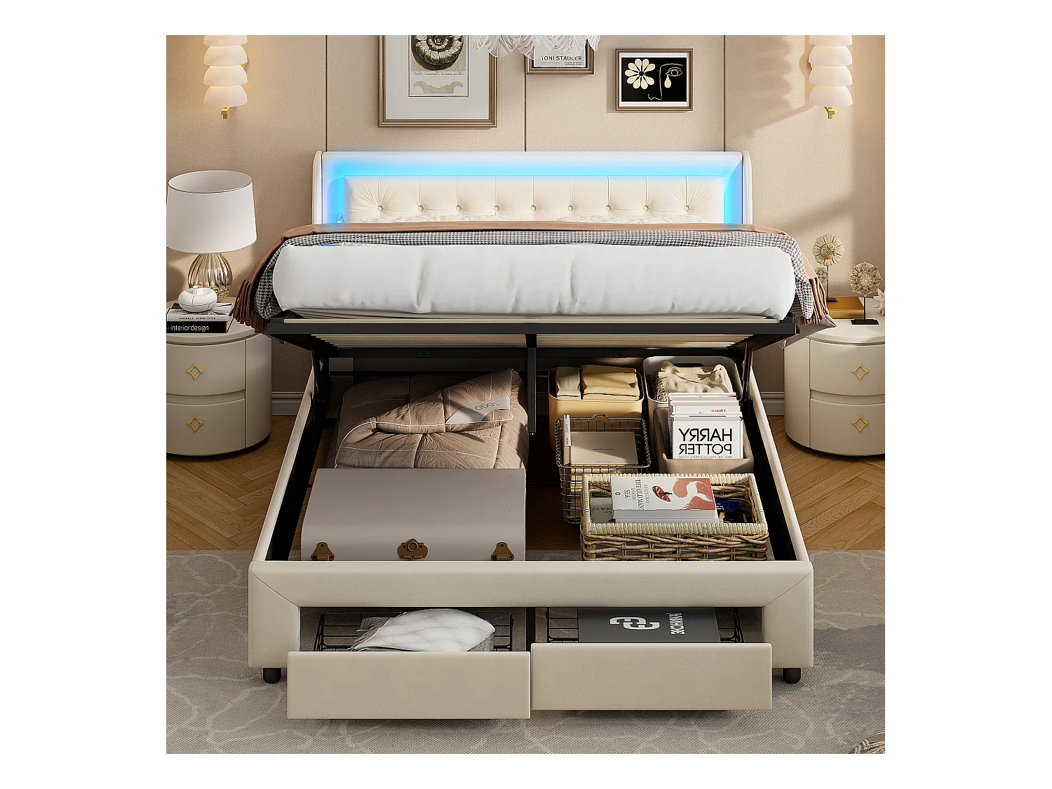 Cama com arrumação 180x200 cm, cama de casal com 2 gavetas de arrumação e LED, base de ripas, veludo, bege