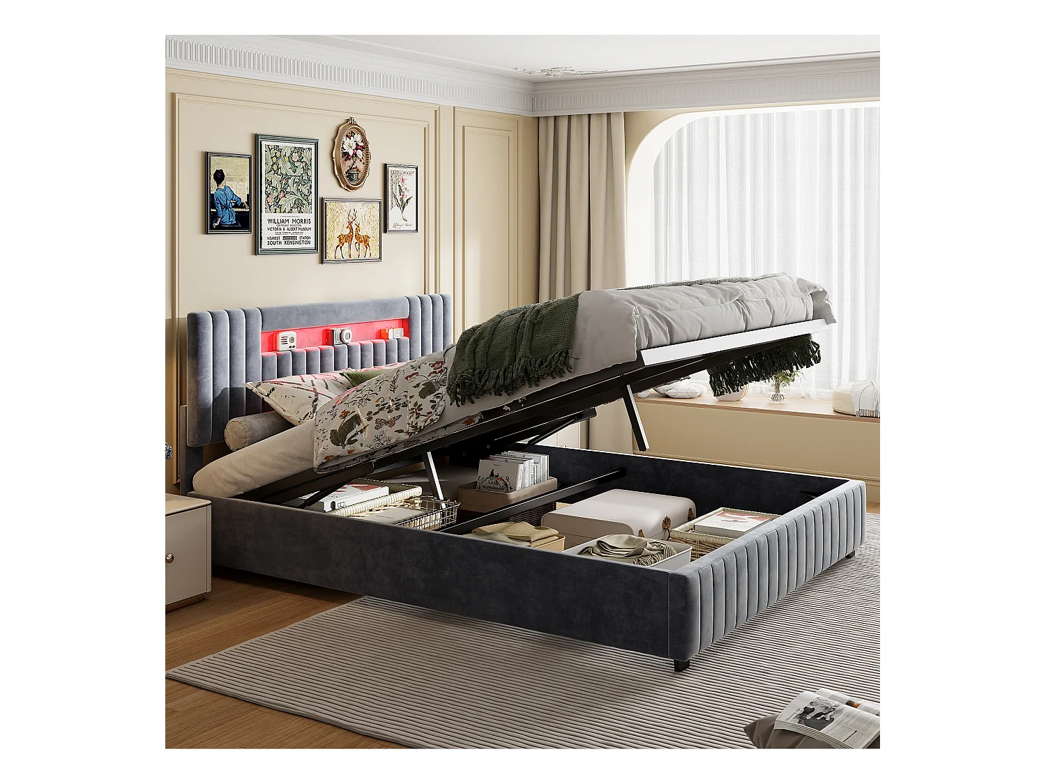 Cama com arrumação 140x200cm - Cama de casal com cabeceira LED e arrumação, em tecido de veludo cinzento