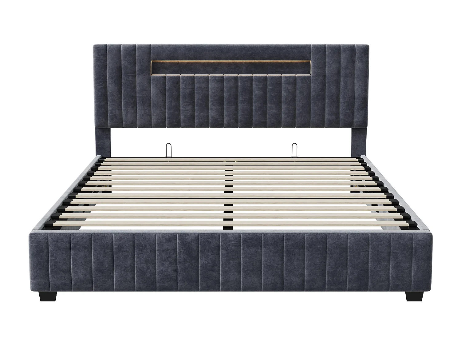 Opbergbed 140x200cm - Tweepersoonsbed met LED-hoofdbord en opbergruimte, in grijze fluwelen stof