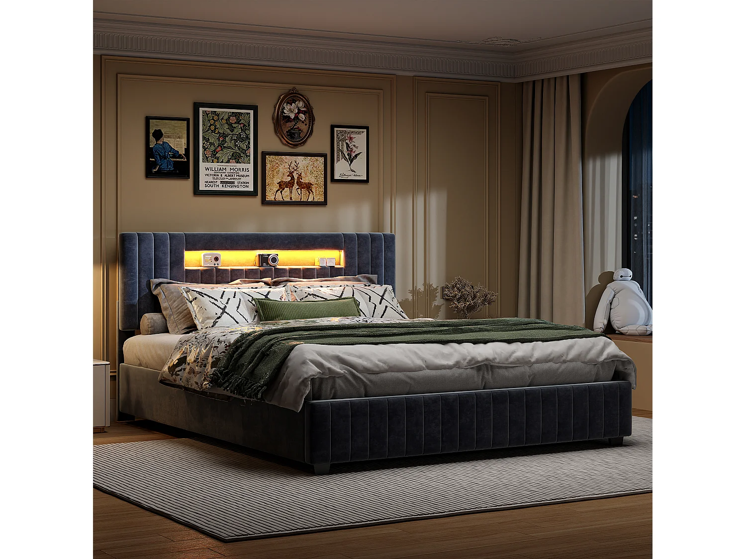 Opbergbed 140x200cm - Tweepersoonsbed met LED-hoofdbord en opbergruimte, in grijze fluwelen stof