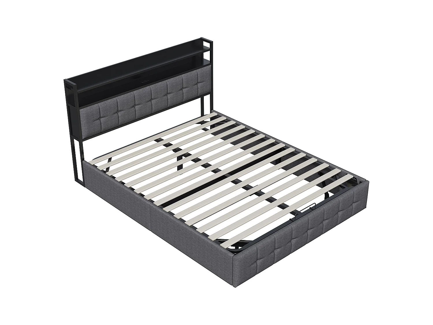 Cama con almacenaje tapizada de lino de 160 x 200 cm, con LED y puerto de carga, color gris