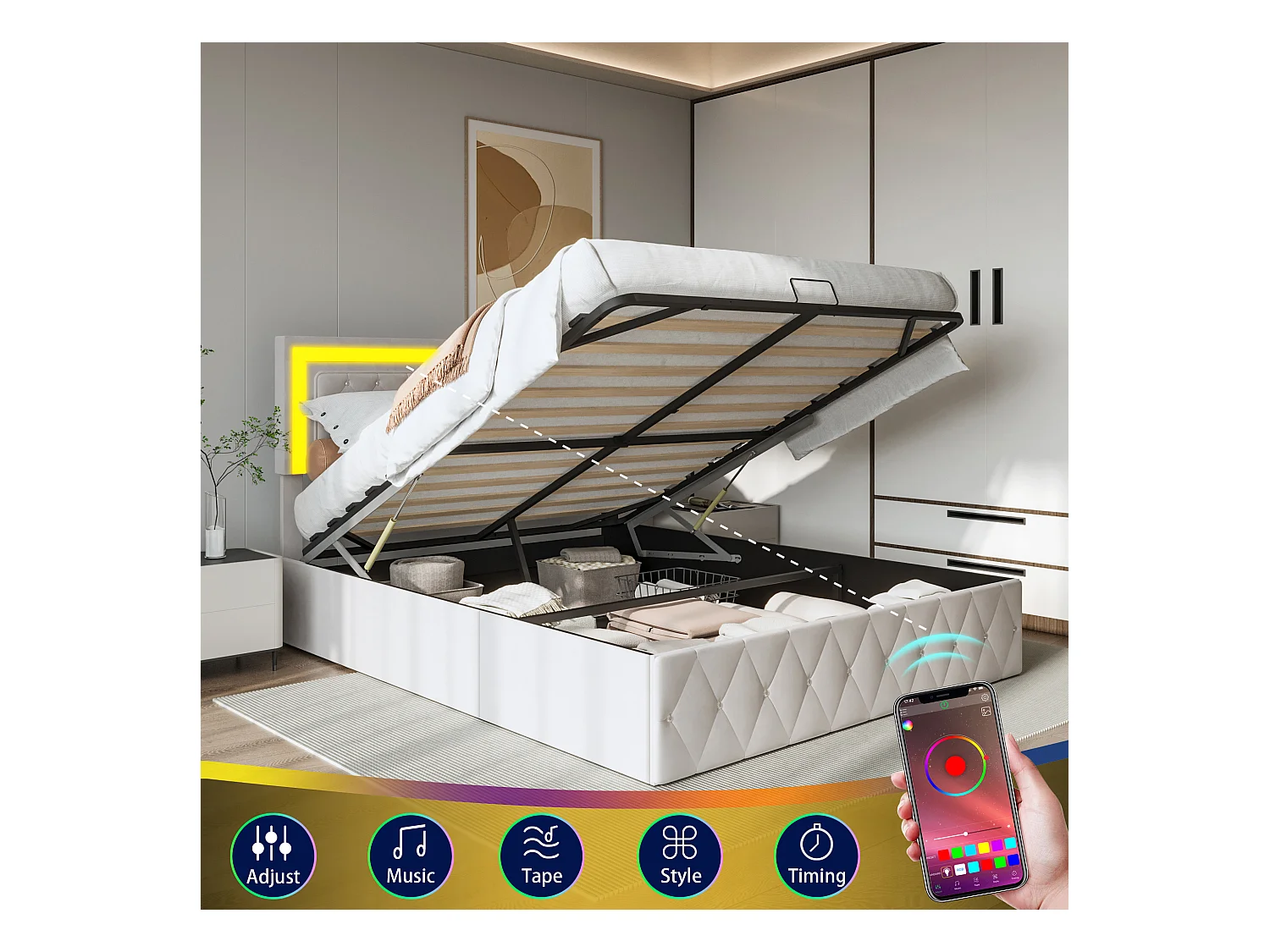 160x200 cm fluwelen opbergbed - met LED en lattenbodem - tweepersoonsbed met opbergruimte - beige