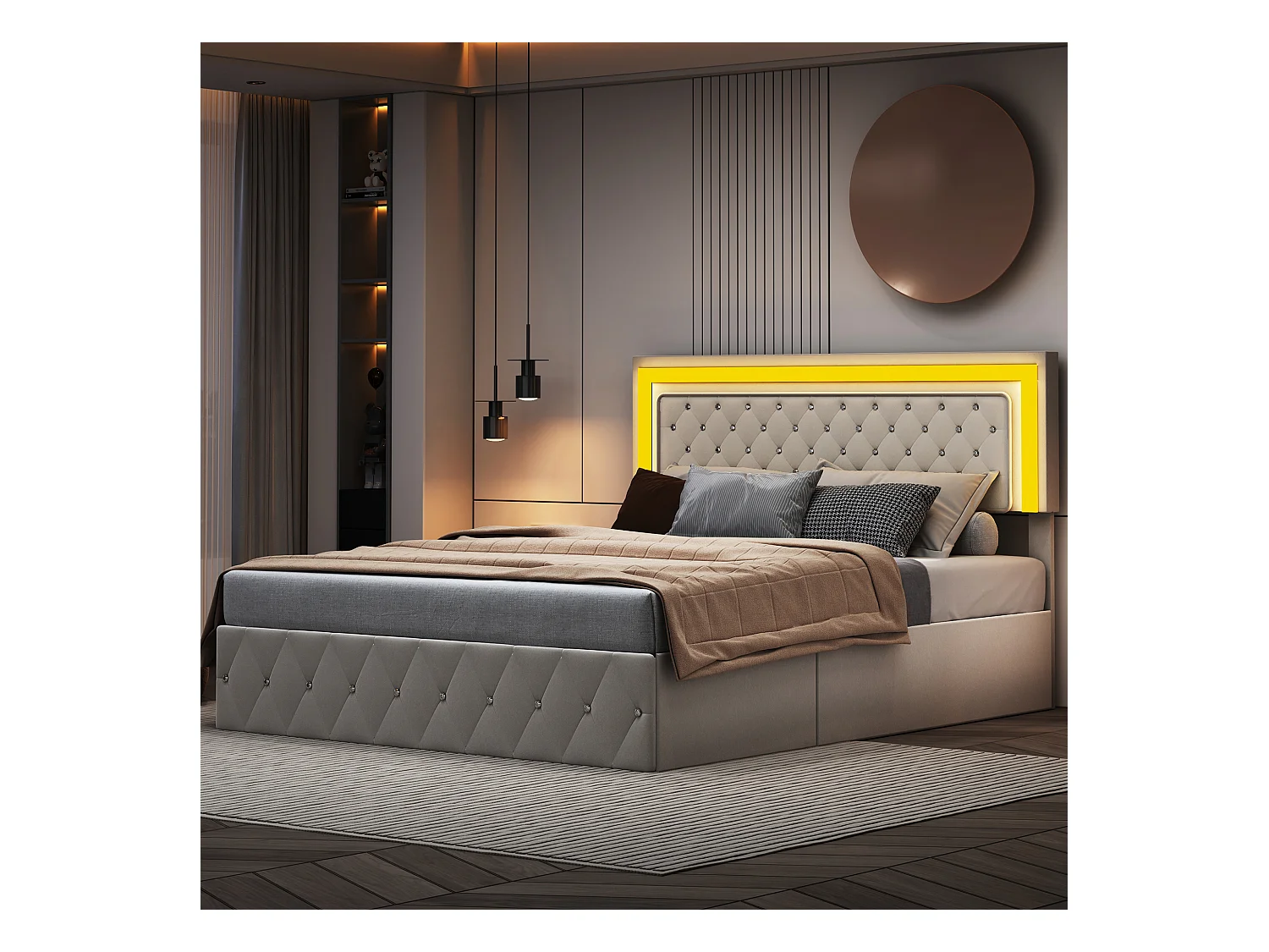 160x200 cm fluwelen opbergbed - met LED en lattenbodem - tweepersoonsbed met opbergruimte - beige