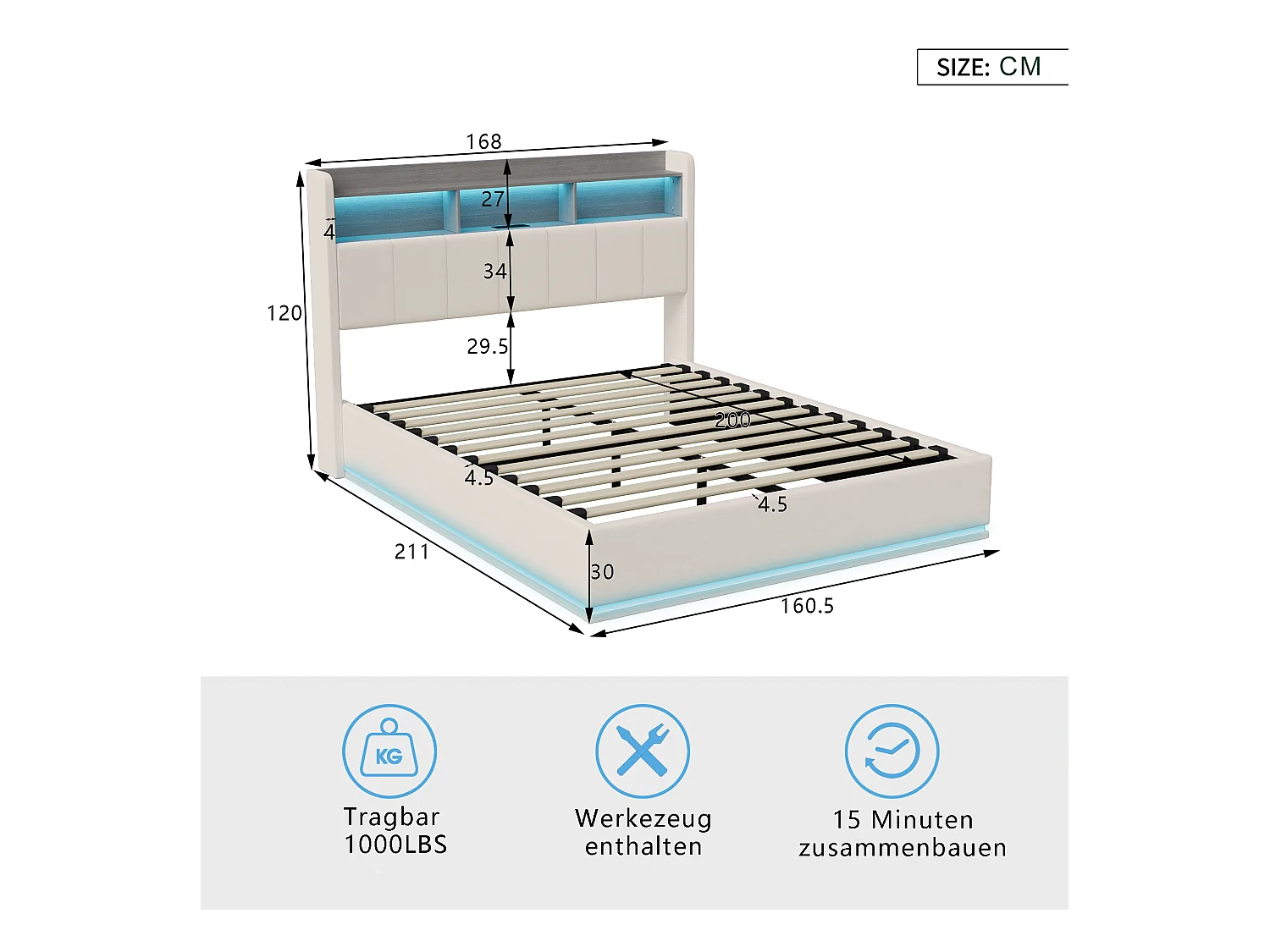 Lit 160x200cm Avec Éclairage LED, Lit Coffre Avec Sommier à Lattes, Prises, USB Et Type-c, Velours