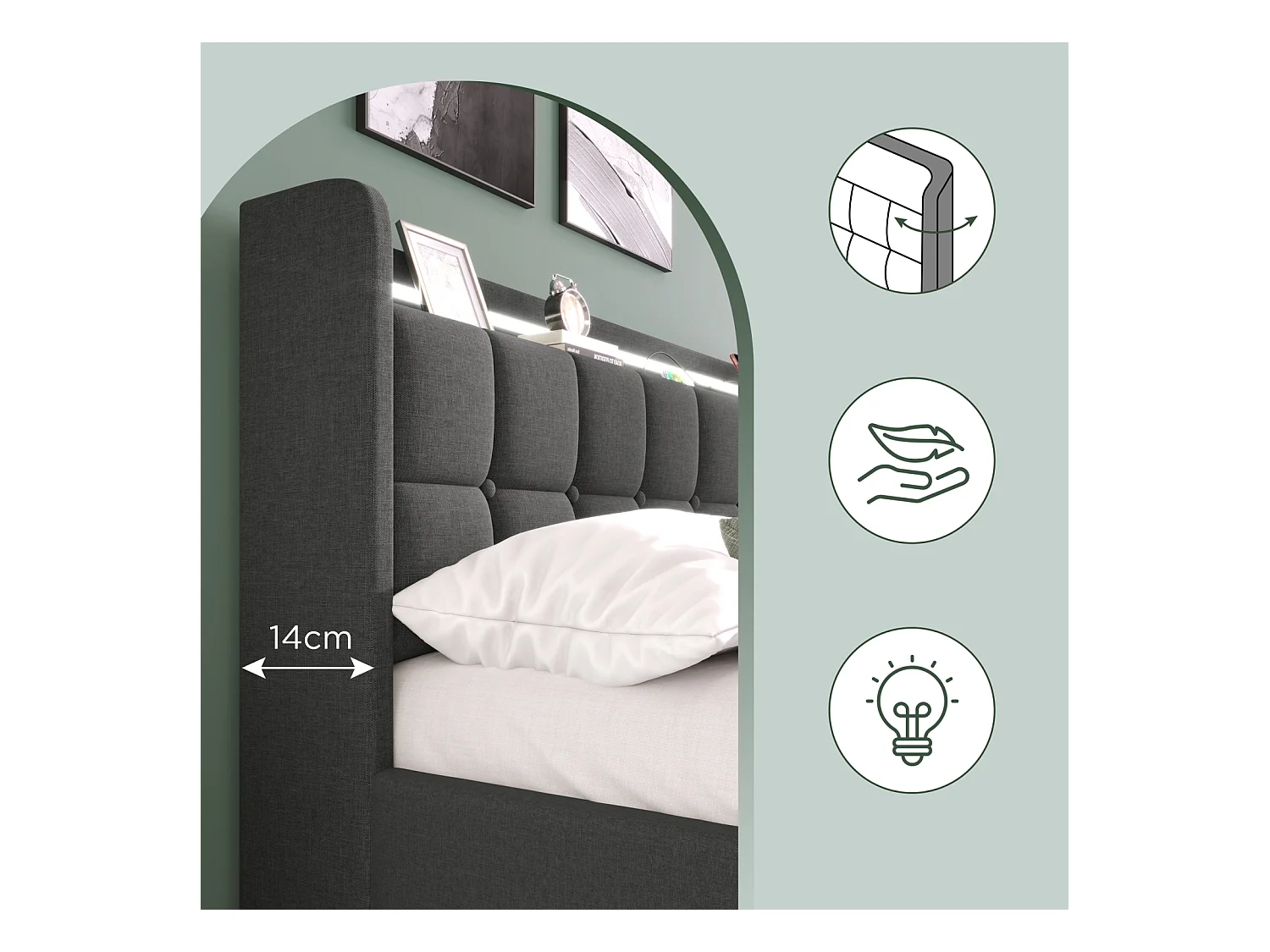 Lit Coffre 160x200 Avec LED Et USB, Lit Capitonné Avec 4 Tiroirs, Lit Double, Gris