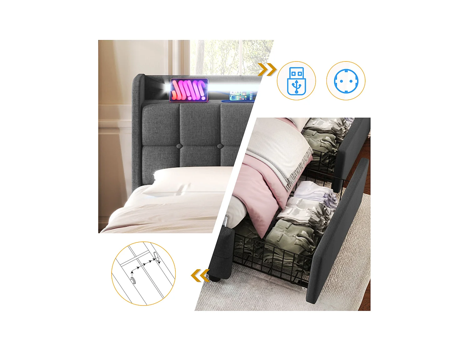 Lit Coffre 160x200 Avec LED Et USB, Lit Capitonné Avec 4 Tiroirs, Lit Double, Gris