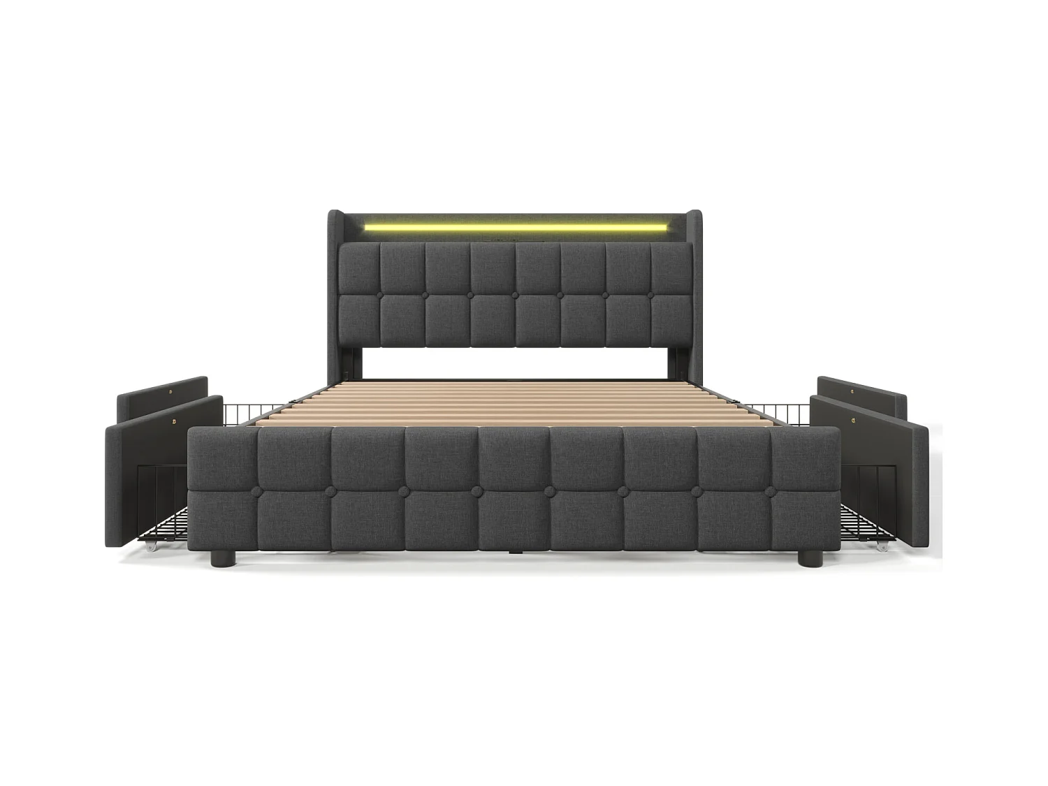 Lit Coffre 160x200 Avec LED Et USB, Lit Capitonné Avec 4 Tiroirs, Lit Double, Gris