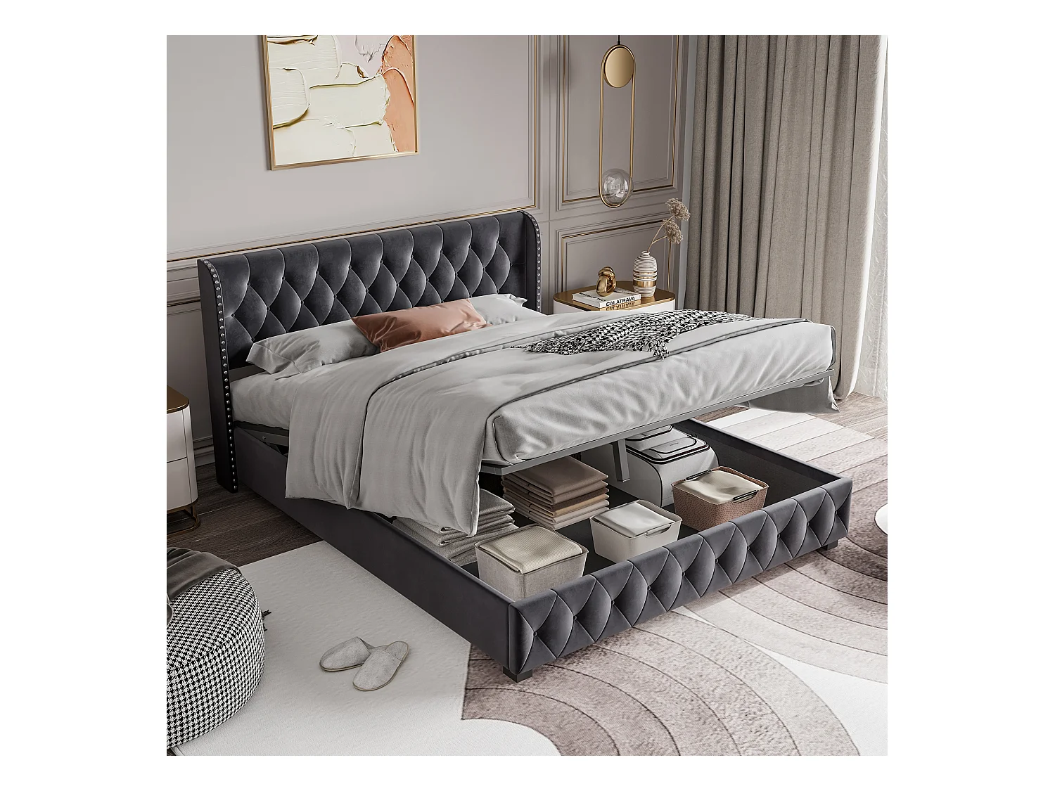 Cama estofada em veludo com armazenamento - Decorada com rebites - com base de ripas - 180x200 cm - Cinza