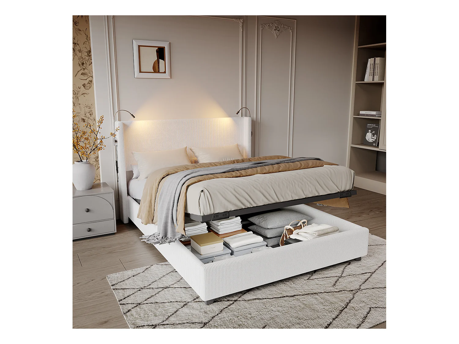 Cama com arrumação 140x200 cm em tecido de veludo - Com candeeiros de leitura - Com base de ripas - Bege