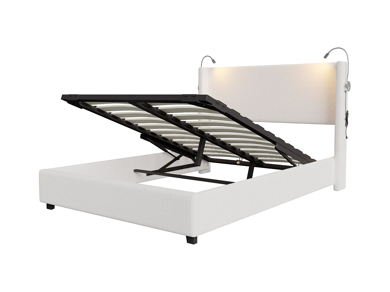 Cama com arrumação 140x200 cm em tecido de veludo - Com candeeiros de leitura - Com base de ripas - Bege