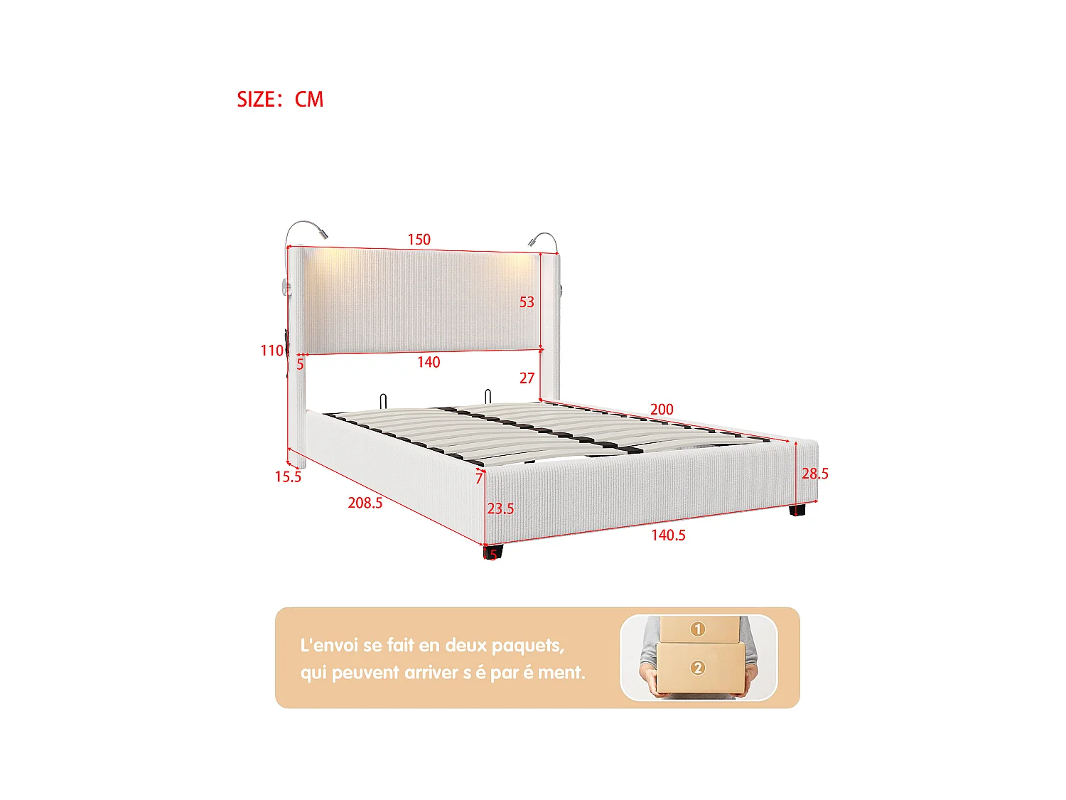Cama com arrumação 140x200 cm em tecido de veludo - Com candeeiros de leitura - Com base de ripas - Bege