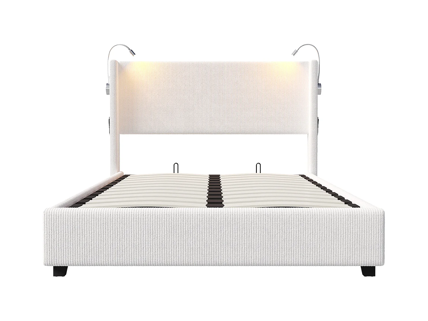 Cama com arrumação 140x200 cm em tecido de veludo - Com candeeiros de leitura - Com base de ripas - Bege