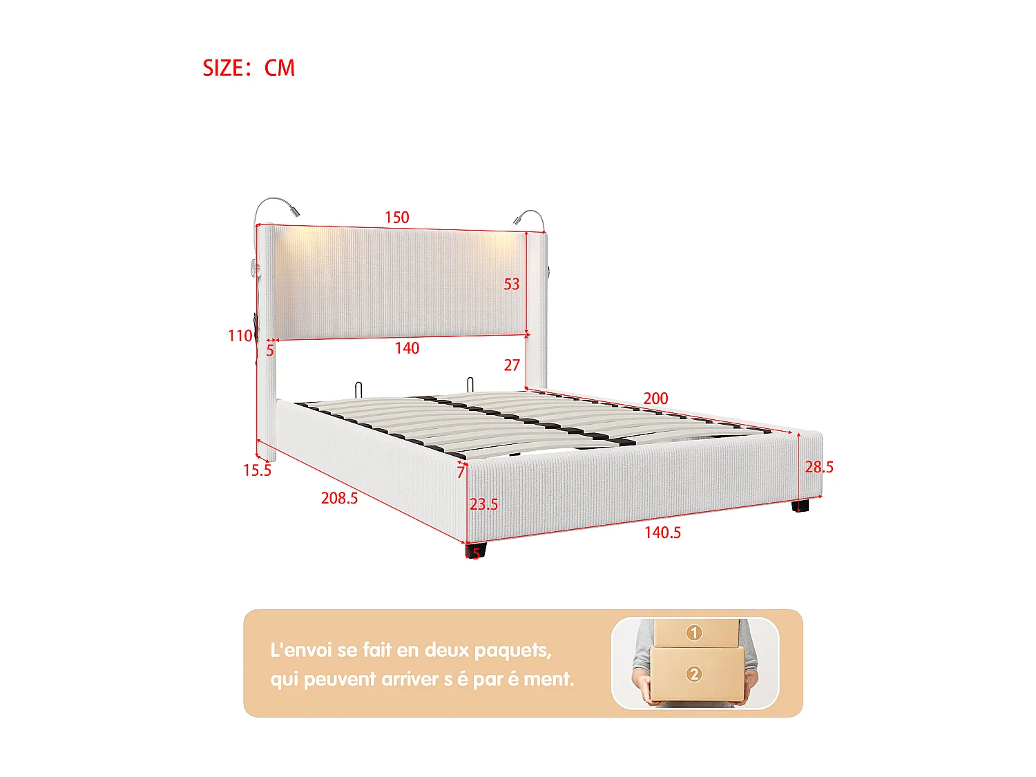 Stauraumbett 140x200cm aus Samtstoff - Mit Leselampen - Mit Lattenrost - Beige