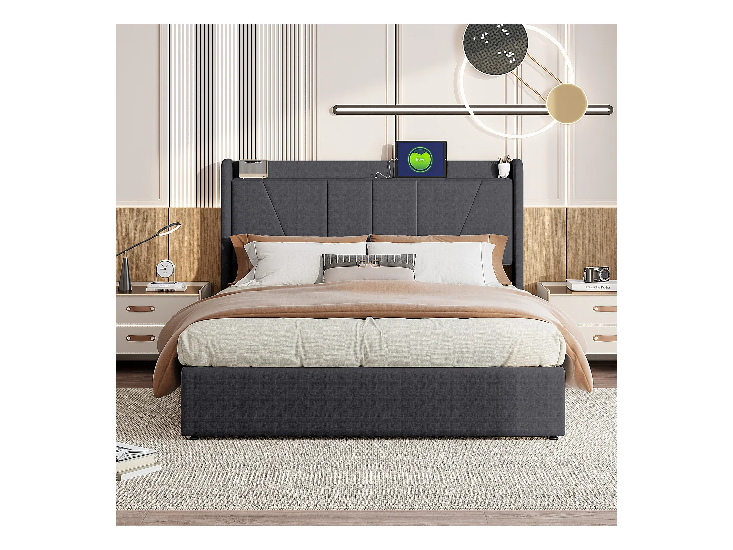 Lit Coffre 140x200 Avec USB Et Type C, Lit Capitonné Avec Sommier à Lattes, Lit Double, Gris