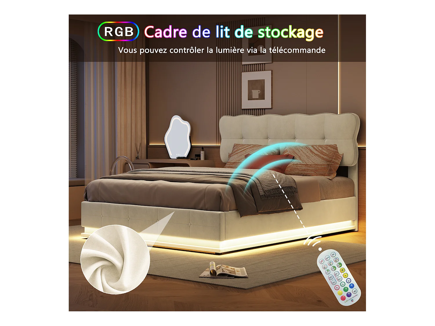 Lit Coffre 160x200 Avec Éclairage LED, Lit Capitonné Avec Sommier à Lattes, Velours, Beige