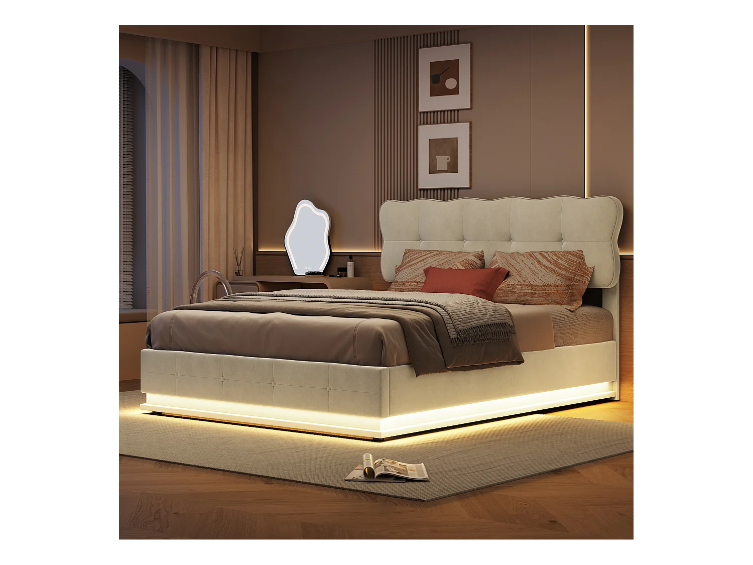 Lit Coffre 160x200 Avec Éclairage LED, Lit Capitonné Avec Sommier à Lattes, Velours, Beige