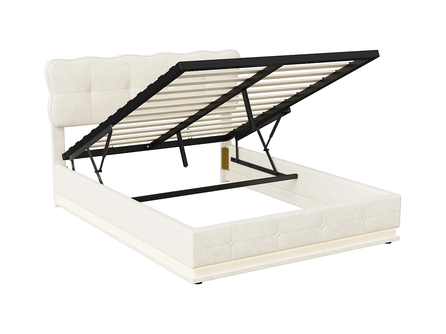 Lit Coffre 160x200 Avec Éclairage LED, Lit Capitonné Avec Sommier à Lattes, Velours, Beige